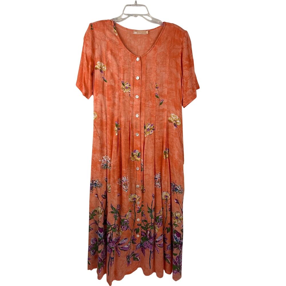 LA CERA Orange Floral Button Front Midi Dress Boho Cottagecore Size L